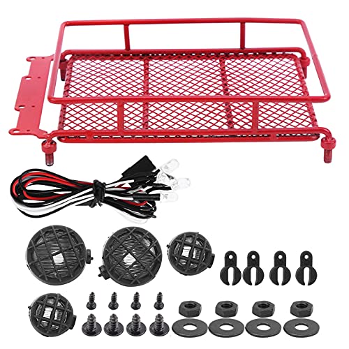 Metal Roof Rack, Durable Metal Construction with Bright LED Light RC Crawler Accessories for Off-Road Adventures Simulation Luggage Carrier for RC Enthusiasts and Hobbyists - color: Red