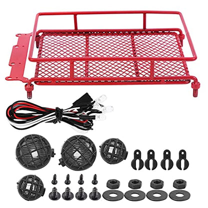 Metal Roof Rack, Durable Metal Construction with Bright LED Light RC Crawler Accessories for Off-Road Adventures Simulation Luggage Carrier for RC Enthusiasts and Hobbyists - color: Red