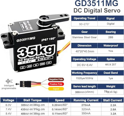 GOTECK 35KG Digital Servo,Large Torque 8.4V Full Metal Gear IP67 Waterproof Steering Servo with 25T Servo Horn for 1/8 1/10 1/12 RC Crawler Car,Robot,Boat,Truck Robot Parts (35KG(8.4V)-180°)