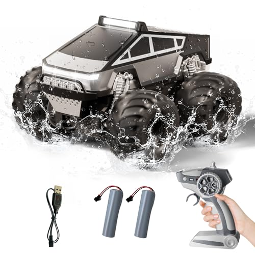Amphibious Remote Control Car, 1:18 RC Off-Road Monster Truck Toys for Boys,4WD All Terrain Off-Road Pickup, 2.4 GHz RC Vehicles, Waterproof RC Trucks, Christmas Birthday Gifts for Boy Girl (Grey) - color: Grey