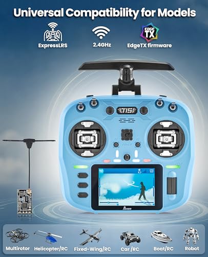 Jumper T15 2.4GHz ELRS Radio Transmitter with Nano Receiver,VS-M Hall Gimbal EdgeTX IPS Color Touchscreen Controller for FPV Drone/Fixed-Wing/Helicopter/Multirotor/RC Car Boat,Mode 2 (Blue)