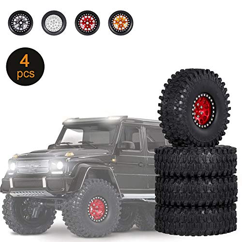 GoolRC 4PCS 1.9 Inch RC Crawler Rubber Tires with Metal Rim for 1/10 RC Rock Crawler Traxxas TRX-4 TRX-6 Axial Scx10 90046 RC4WD RC Car Parts (Red) - color: Red