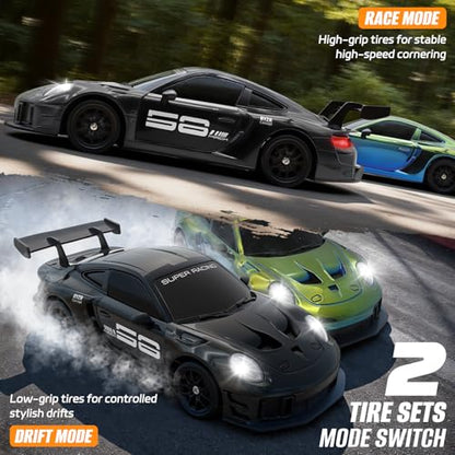 RC Drift Car, 1:24 4WD Remote Control Cars Vehicle with LED Light,2.4GHz 20KM/H High Speed RC Cars with Two Batteries & Drifting Tires Racing Sport Toy for Adults Boys Girls Kids Black - color: Black