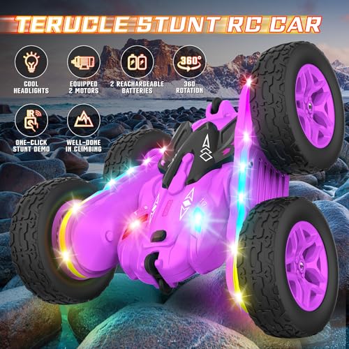 Remote Control Car, Rc Cars Stunt RC Car Toys New Upgraded Strip Lights and Headlights Girl Toys Double-Sided 360° Rotating 4WD Drift Truck for Boys Girls Birthday Gift (Purple) - color: Purple