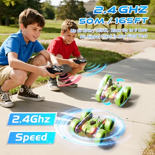 Remote Control Car – 4WD 360° Flip Double‑Sided RC Stunt Car LED Light Bar & USB‑C Modular Battery, Off‑Road Toys for Boys Ages 6‑12, Birthday Gift, Black‑Green - color: Black&green