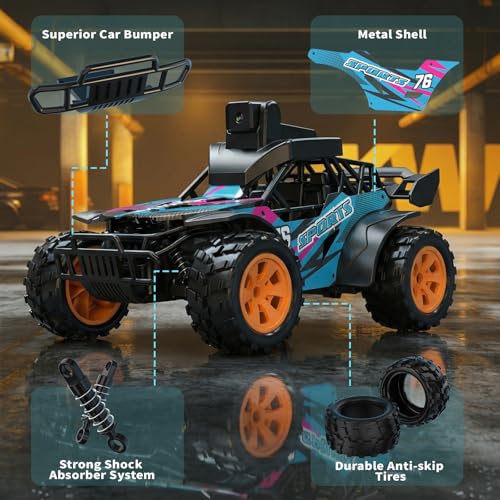 RC Car with Camera, 2.4GHz Remote Control Truck with 2.8”LCD Screen & 60° Adjustable Camera, Live Video, APP/Radio Dual Control, 2 Speeds, Rechargeable Off-Road RC Cars, Gift for Adults and Kids - color: Pink and Blue