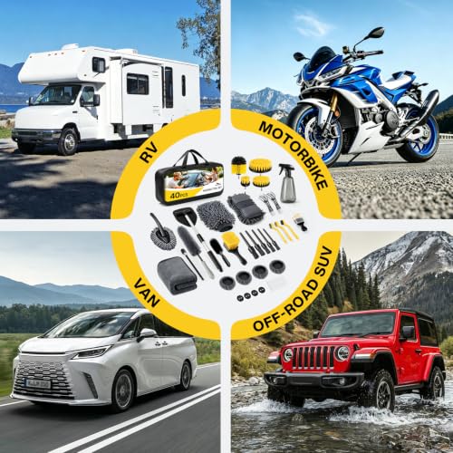 40 Pcs Car Detailing Kit Interior, Tote Includes Premium Drill Brush | Windshield Cleaning Tool Interior,Detailing Brushes Tire Brush Towels and Wheel Car Wash Kit for Cars, Trucks and Motorcycles - size: 40Pcs