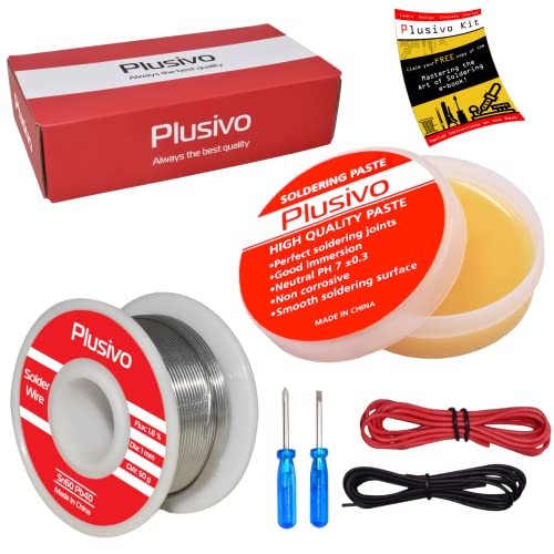 60-40 Tin Lead Rosin Core Solder Wire (1mm, 50g) and Rosin Paste Flux Kit for PCB Electrical Soldering and DIY Electronics Repair Hobby from Plusivo