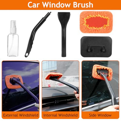 THINKWORK Windshield Cleaner Tool, Car Detailing Kit Interior, Car Cleaning Kit Interior and Exterior Detail Brush, Auto Supplies & Accessories for Men Women | 180 Degree Rotating Head, Extendable Handle, 3 Washable Pads, Streak Free Cleaning for Windows