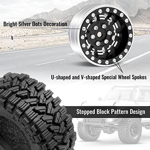 OGRC 1.3" Aluminum Wheels and All Terrain Tires for 1/18 1/24 RC Upgrade | 7mm Hex, Super Soft Compound Tires, for TRX4M SCX24 RC Carwler Car, Black - color: Black