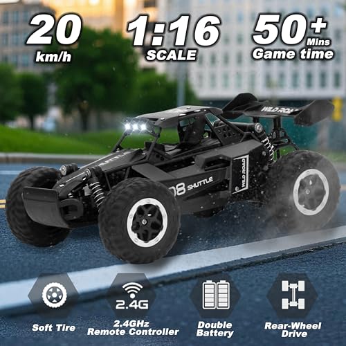 Remote Control Car RC Cars 1:16 All Terrain Monster Truck LED Headlights, Outdoor 2WD Off Road Hobby RC 2.4GHz High Speed, 20Km/h RC Car Toys Gift for Kids Boys 3 4 5-12 (Black) - color: Black