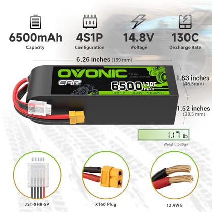 OVONIC 4S LiPo Battery 6500mAh 14.8V 130C RC Battery with XT60 to TRA Connector