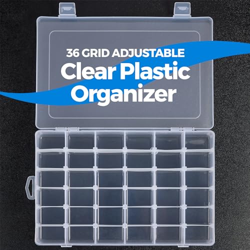 36 Grid Clear Plastic Organizer - Pack of 2- Bead Storage, Craft Organizer, DIY Small Parts Organizer, Jewelry Box, Fishing Tackle Box, Sewing, Nail Storage w/ Adjustable Dividers & 5 Sticker Labels