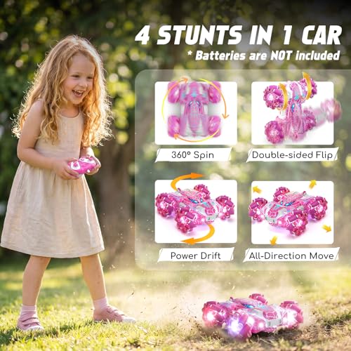 Gesture Sensing Remote Control Car Birthday Gift for Girl 3-12 | Double Sided RC Cars, Full-Body Light, 2.4GHz Hand Controlled, Rechargeable RC Stunt Car - color: Pink
