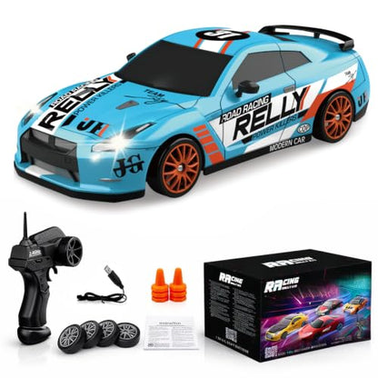 RC Drift Car Remote Control Car 2.4GHz 1:24 Scale 4WD 15KM/H High Speed Model Vehicle LED Lights Drifting Tire Racing Sport Toy for Adult Boys Girls Kids Gift 2Pcs Rechargeable Batterie - color: Light Blue