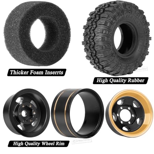 1.0in Beadlock RC Wheels and Tires for 1/18 Trx4m,1/24 SCX24 RC Crawler Car,1.0 Beadlock Rims & 1.0 Beadlock Tires,Brass Wheels Soft Sticky Rubber Tires,4PCS(Style B)