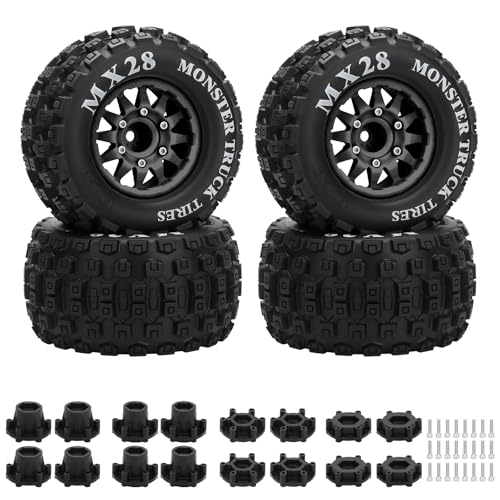 2.8" RC Tires with 12mm/14mm Hex Adapter 1/10 Scale RC Truck Tires RC Wheels and Tires Set for Traxxas Arrma Rustler Stampede 4PCS (Black) - Not Glued - color: Black