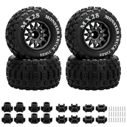 2.8" RC Tires with 12mm/14mm Hex Adapter 1/10 Scale RC Truck Tires RC Wheels and Tires Set for Traxxas Arrma Rustler Stampede 4PCS (Black) - Not Glued - color: Black