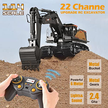 Remote Control Excavator Toy 1/14 Scale RC Excavator, 22 Channel Upgrade Full Functional Construction Vehicles Rechargeable RC Truck with Metal Shovel and Lights Sounds - style: Excavator