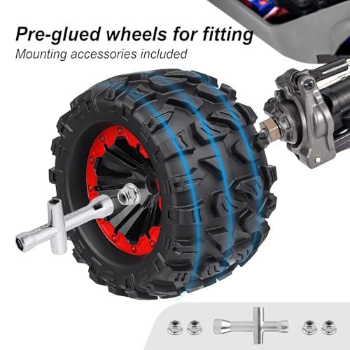 HobbyPark PreGlued 12mm Hex RC Truck Wheels and Tires Set Complete for 1/10 Traxxas Hoss 4x4 Stampede 2wd VXL Redcat Volcano EPX Pro 2s 3s 4s Lipo Brushless Systems