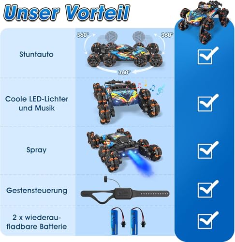 8WD Gesture Sensing Road Stunt Car, Remote Control Cars with LED Light, Music and Spray, Drift RC Car Toys Gifts for 6-12 Years Old Boys Girls