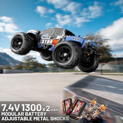 RC Cars 1:18 4x4 High Speed Monster Truck for Kids and Adults, 36 km/h Off Road Remote Control Vehicle, Waterproof RC Truck with Metal Drivetrain & Metal CVD, 2 Batteries, All Terrain RC Toys Gifts - color: Blue