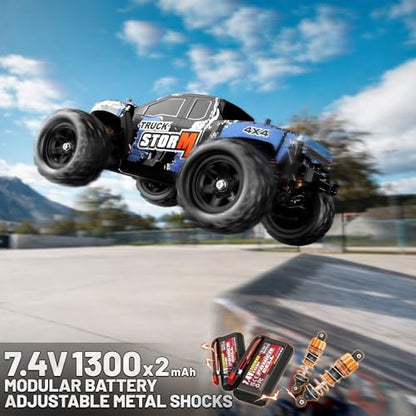 RC Cars 1:18 4x4 High Speed Monster Truck for Kids and Adults, 36 km/h Off Road Remote Control Vehicle, Waterproof RC Truck with Metal Drivetrain & Metal CVD, 2 Batteries, All Terrain RC Toys Gifts - color: Blue