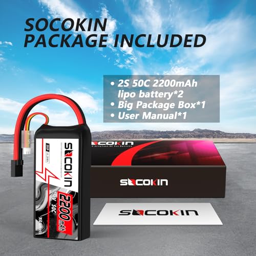 2S Lipo Battery 7.4V 50C 2200mAh Lipo Battery with TR Connector Plug Soft Shorty Case for RC Car Truck Boat Truggy FPV Drone Quadcopter UAV Airplane Helicopter (2 Pack)