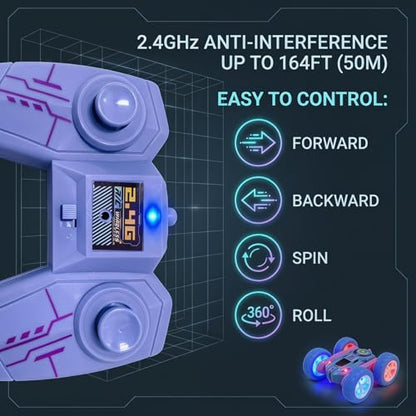 2.4GHz RC Stunt Car with LED Wheels 4WD Double Sided | Glowing LED Tires, 360° Spin & Rollover, 60 Min Total Play with 2 Batteries, USB-C Fast Charging, Gift for Holidays - color: Blue - Led Wheels