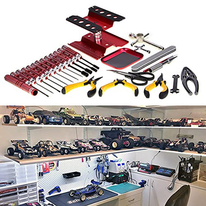 RC Car Tool Kit (27pcs), Screwdriver Set (Flat, Phillips, Hex), Pliers, Cross Wrench, Body Reamer, Stand, Polished Bar Hobby Repair Tools for Traxxas Car Quadcopter Drone Helicopter Airplane