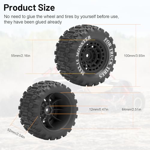 1/16 RC Car Tires and Wheels, daitoku 12mm Hex RC Truck Tires for MiniX Mini XRT 1/16 MJX 16207 16210 16209 16208 HSP 94186 Traxxas E-Revo LOSI 1/18 Mini LMT - Style B (Black) - color: Black