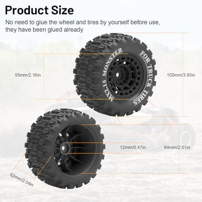 1/16 RC Car Tires and Wheels, daitoku 12mm Hex RC Truck Tires for MiniX Mini XRT 1/16 MJX 16207 16210 16209 16208 HSP 94186 Traxxas E-Revo LOSI 1/18 Mini LMT - Style B (Black) - color: Black