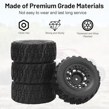 1/10 RC Short Course Truck Tires, daitoku 12mm Hex RC Wheels and Tires for 1/10 Traxxas TRX4 Slash Arrma Losi Tenacity Vkar 10sc Hpi - Style B (Black) - style: Style B