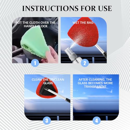19" Extra-Long Windshield Cleaner Tool & Car Interior Detailing Kit | Extendable Handle and 4 Reusable Microfiber Pads, Streak & Lint-free, Auto Glass Wiper Brush for Car & Home - color: Red