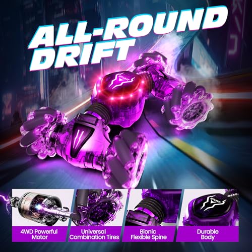 Tecnock Remote Control Car for Boys Girls, 2.4GHz 4WD Gesture Sensing RC Stunt Car Toys - 360° Rotating Double Sided Hand Controlled RC Cars with LED Lights, Gifts for Kids Ages 6-8, 8-12 - color: Purple