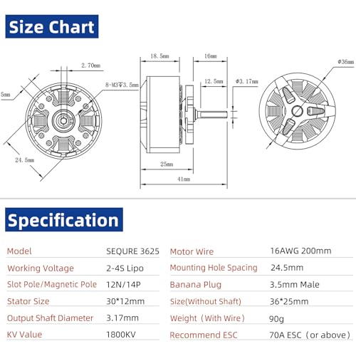 3625 Brushless Motor 1800KV Outrunner Motor 2-4S Outer Rotor Brushless Motor with 3.5mm Male Banana Connector for 1/10 RC Crawler Car
