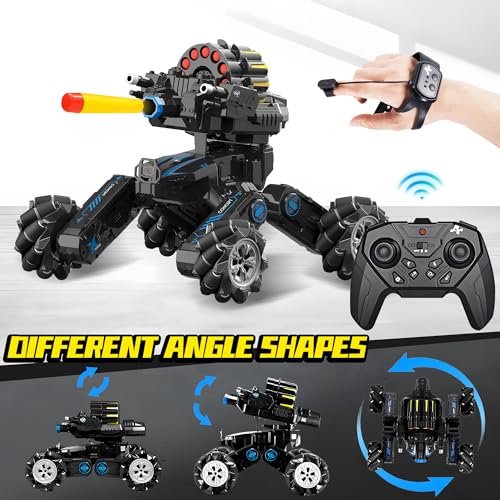 RC Tank Car with Drift, Hand Gesture Control Stunt Truck | 2.4GHz Remote Control, Hand Gesture Control Dual Mode Car, Spray, Music & LED Lights, Deformable Stunt Truck - color: Black & Soft Bullets
