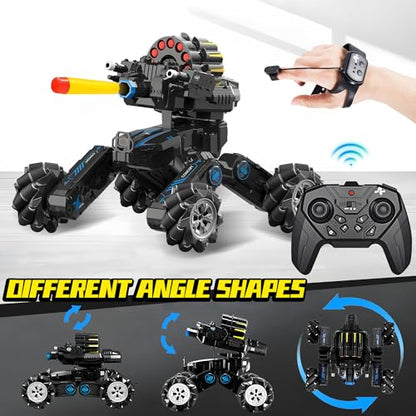 RC Tank Car with Drift, Hand Gesture Control Stunt Truck | 2.4GHz Remote Control, Hand Gesture Control Dual Mode Car, Spray, Music & LED Lights, Deformable Stunt Truck - color: Black & Soft Bullets
