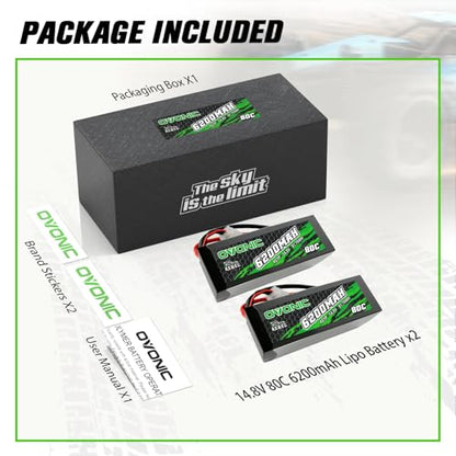 OVONIC 80C 4S 6200mAh 14.8V Lipo Battery with EC5 Connector for arrma 1/5, 1/8 Scale RC Cars and Trucks Buggy Truggy 2pcs