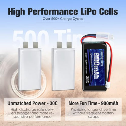 SCX24 Battery 7.4V Lipos 2S 30C(Burst 60C) 900mAh Rechargeable Lithium Battery with PH2.0 Plug Compatible with Most 1/10, 1/16, 1/18, 1/24 Scale RC Cars Trucks with 1TO2 USB Charger