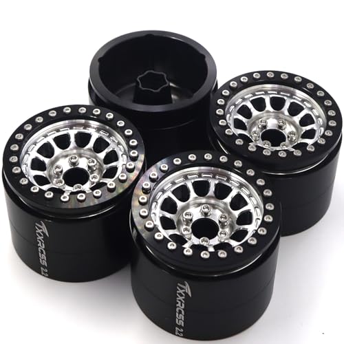 RC 2.2 Aluminum Alloy Beadlock Wheels and Tires Upgrades Accessories Rims for 1/10 SCX10 TRX4RC4WD and D90 RC Crawler Axial Remote Control Car (4pc) (Black Silver) - color: Black Silver
