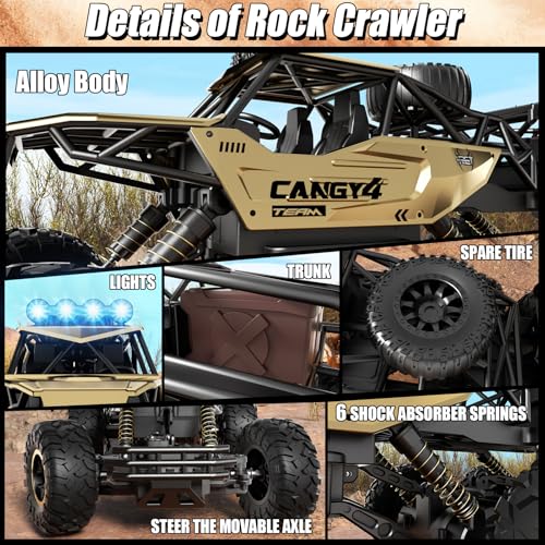Remote Control Monster Truck, RC Cars Rock Crawler RC Truck with 2 Rechargeable Batteries, Metal Exterior & LED Lights, Large Boy Toys for Ages 4-7, 8-12 & Adults Great Gift - color: 6 Wheels Gold