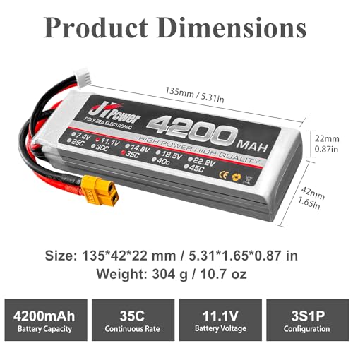 HAWK'S WORK 11.1V Lipo Battery 4200mAh 3S 25C, Rechargeable Battery with XT60 Plug for Drone Multirotor RC Plane Boat Truck | High discharge 35C, stable output, durable LiPo, compatible with RC cars/boats/planes/drones