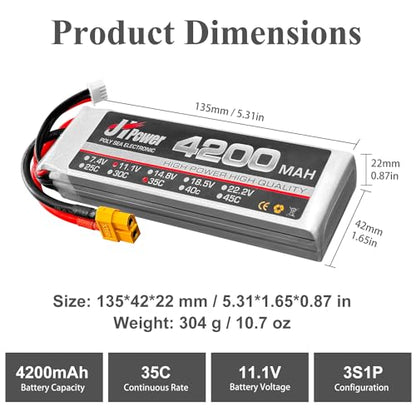 HAWK'S WORK 11.1V Lipo Battery 4200mAh 3S 25C, Rechargeable Battery with XT60 Plug for Drone Multirotor RC Plane Boat Truck | High discharge 35C, stable output, durable LiPo, compatible with RC cars/boats/planes/drones