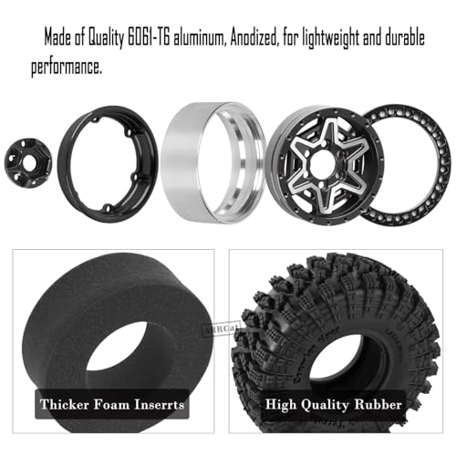 1.9 Wheels and Tires for 1/10 TRX4 TRX6 SCX10 SCX10 II 90046 SCX10 III AXI03007 SCX10 Pro Gen7/8 D90 VS4-10 MST CFX RC Crawler Car,Aluminium RC 1.9 Beadlock Wheels and Rubber Tires,Black - color: Black - (4pcs Wheels and Tires)
