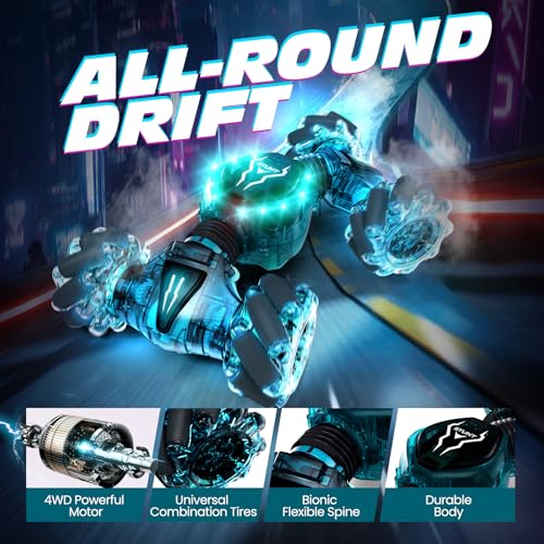 Tecnock Remote Control Car for Boys Girls, 2.4GHz 4WD Gesture Sensing RC Stunt Car Toys - 360° Rotating Double Sided Hand Controlled RC Cars with LED Lights, Gifts for Kids Ages 6-8, 8-12 - color: Deep Green