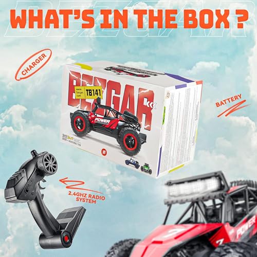 BEZGAR RC Cars for Boys - 1:14 Off Road RC Truck with LED Headlight | 2.4GHz steady wireless signal, shock-absorbing suspension, bright front lamp, fun toy for kids & adult beginners - color: Red