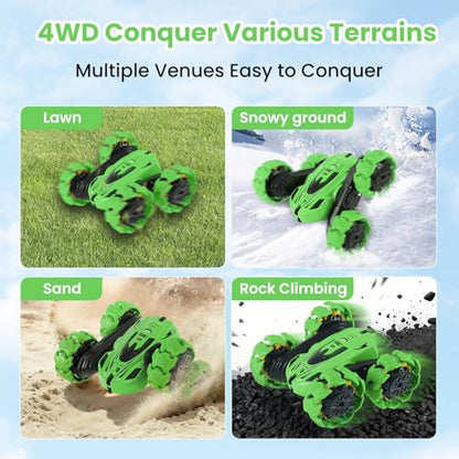 RC Stunt Car, 360° Flips & Double-Sided Remote Control Truck with LED Lights, 2.4GHz High Speed All Terrain Off-Road Toy Car, Gift for Boys Girls Kids Ages 6-12 (Green) - color: Green