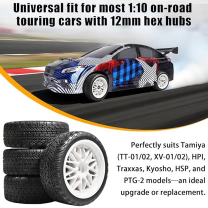 OD 2.65" On Road Rubber Tires Nylon Wheels- 12mm Hex for 1/10 RC Racing Car | Compatible with MJX HSP Tamiya HPI Kyosho Traxxas Sakura Redcat WLtoys 1/10 RC On-Road Racing Touring Car (4pcs, White) - style: D-White