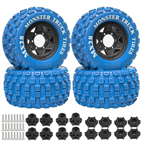 LRFHL MX28 F/R 2.8" RC Monster Truck Tires and Wheels 4PCS, Blue | 12mm/14mm Hex Adapter, 1/10 RC Monster Truck, Compatible with Traxxas Stampede Rustler Redcat Arrma Vorteks Big Rock Granite - color: Blue Tires+ Black Hex Wheel-2